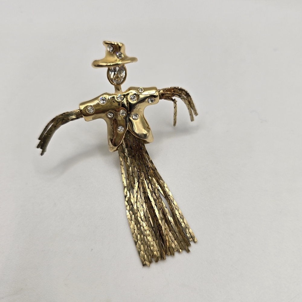 Vintage Gold Tone Rhinestone Scarecrow Brooch with Chain Fringe Tassels